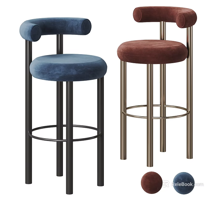 Modern Velvet Bar Stools in Blue and Brown with Metal Legs and Armrests 3d model 