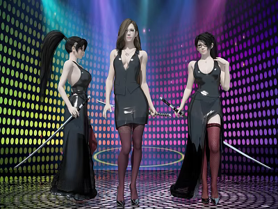 Three Women In Black Dresses Holding Swords On Stage With Colorful Lights And Patterns 3d model