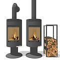 Modern Black Fireplaces With Glass Doors Burning Flames And Wood Log Storage Rack Interior Design