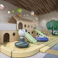 Kids Play Area With Wooden House Shaped Structure Slides Colorful Hanging Balls And Tree Decorations