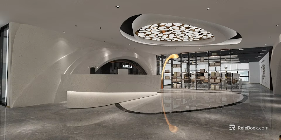 Modern Reception Desk Interior Design With Decorative Ceiling Lighting And Marble Countertop 3d model 