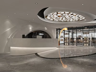 Modern Reception Desk Interior Design With Decorative Ceiling Lighting And Marble Countertop 3d model