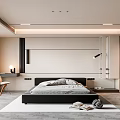 Modern Minimalist Bedroom Interior With Black Headboard Bed Gray Bedding And Large Window Blinds