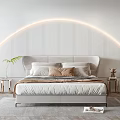 Modern Double Bed Interior with Upholstered Headboard Striped Bedding Wooden Nightstands and Potted Plant