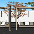Outdoor Hanging Chairs with Metal Frames and Beige Cushions in Patio Garden Under Blue Sky