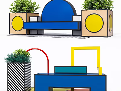 Urban Public Chair with Vibrant Color Accents and Potted Green Plants in Modern Geometric Design 3d model