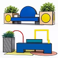 Urban Public Chair with Vibrant Color Accents and Potted Green Plants in Modern Geometric Design