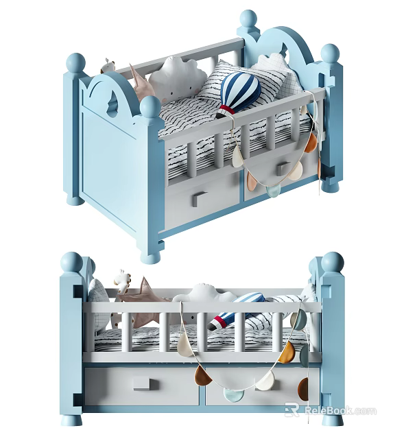 Blue Wooden Baby Crib With Storage Drawer Rail Design And Hanging Toys 3d model 