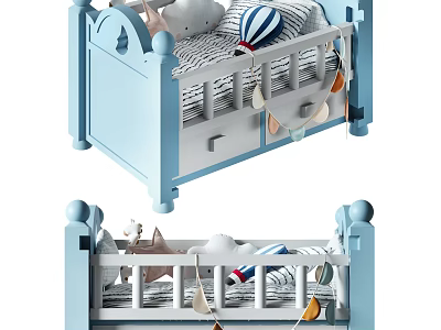 Blue Wooden Baby Crib With Storage Drawer Rail Design And Hanging Toys 3d model