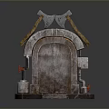 Scenic Landscape With Ancient Building Entrance Arched Door Axe Decorations And Stone Steps