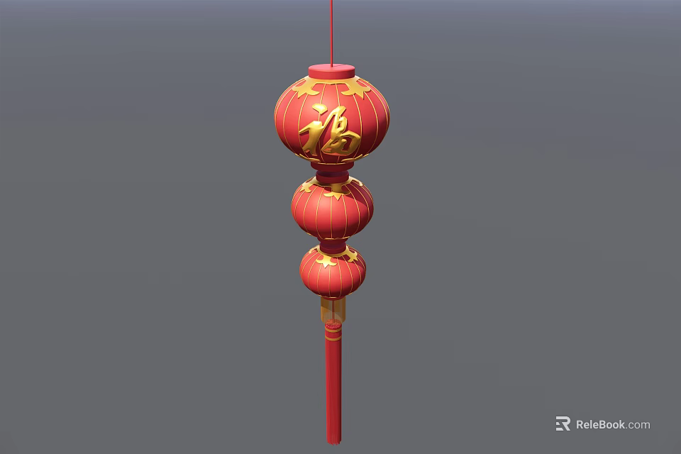 Traditional Red Chinese Lantern With Three Spherical Parts And Gold Fu Character 3d model 