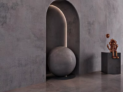 Stone Wall and Wood Elements Interior with Gray Sphere Arched Doorway and Copper Sculpture 3d model