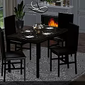 Stylish Dining Room Interior With Marble Table Fireplace Leather Chairs And Plants 3d model