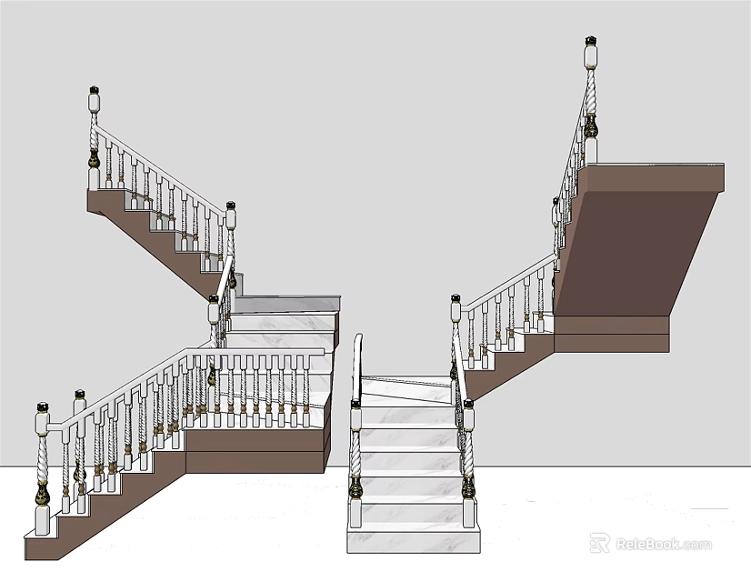 Various Staircase Designs With White Balusters Dark Handrails Classic Modern Styles 3d model