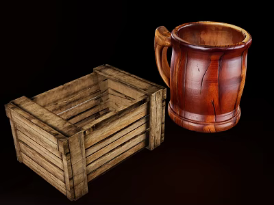 Vintage Wooden Decorative Ornament Set With Crate And Mug For Home Decor 3d model
