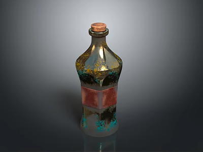 Ornamental Glass Bottle With Wooden Cork Copper Green Decoration And Red Square Section 3d model
