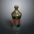 Ornamental Glass Bottle With Wooden Cork Copper Green Decoration And Red Square Section