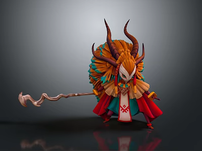 Fantasy Game Character With White Masked Face Brown Horns Feathered Headdress Red Robe And Staff 3d model
