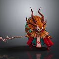 Fantasy Game Character With White Masked Face Brown Horns Feathered Headdress Red Robe And Staff