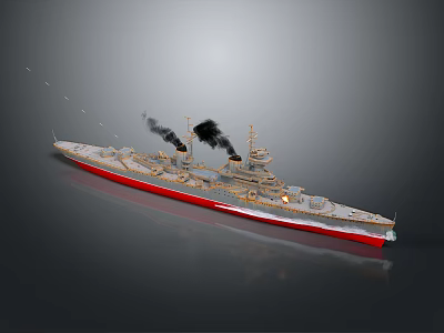 Vintage Battleship Model With Black Smoke Red Hull And Turrets Sailing 3d model