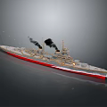 Vintage Battleship Model With Black Smoke Red Hull And Turrets Sailing