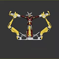 Red And Gold Armored Character With Yellow Mechanical Arms Standing On Platform
