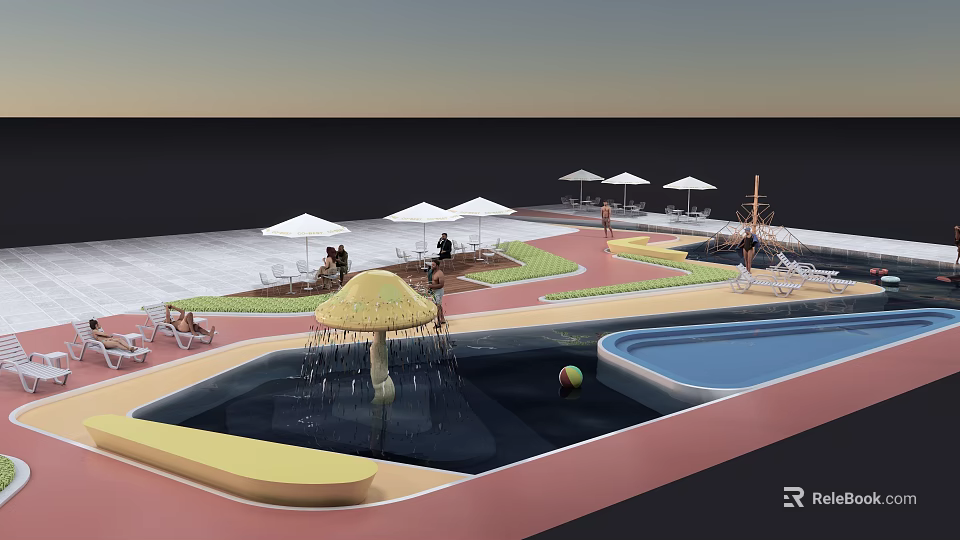 Colorful Children's Water Park With Mushroom Fountain Swimming Pools And Umbrellas 3d model 