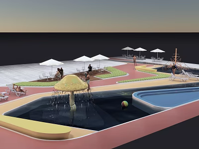 Colorful Children's Water Park With Mushroom Fountain Swimming Pools And Umbrellas 3d model
