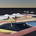 Colorful Children's Water Park With Mushroom Fountain Swimming Pools And Umbrellas