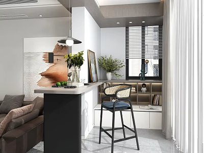 Modern Bar Counter with High Stool Hanging Pendant Light Green Plants and Sofa 3d model