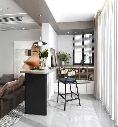 Modern Bar Counter with High Stool Hanging Pendant Light Green Plants and Sofa 3d model