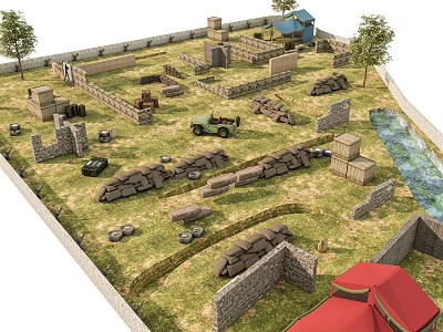 Rustic Garden Landscape With Stone Walls Stream Trees Green Jeep And Red Tents 3d model
