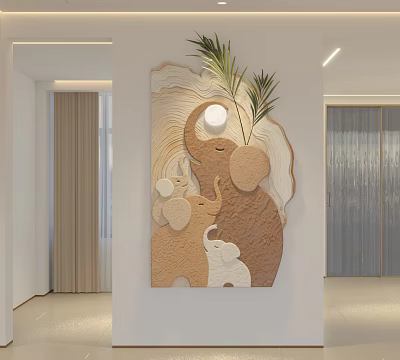 Elephant Themed Wall Hanging Featuring Brown White Parent Baby Elephants Palm Leaves And Moon Decor 3d model