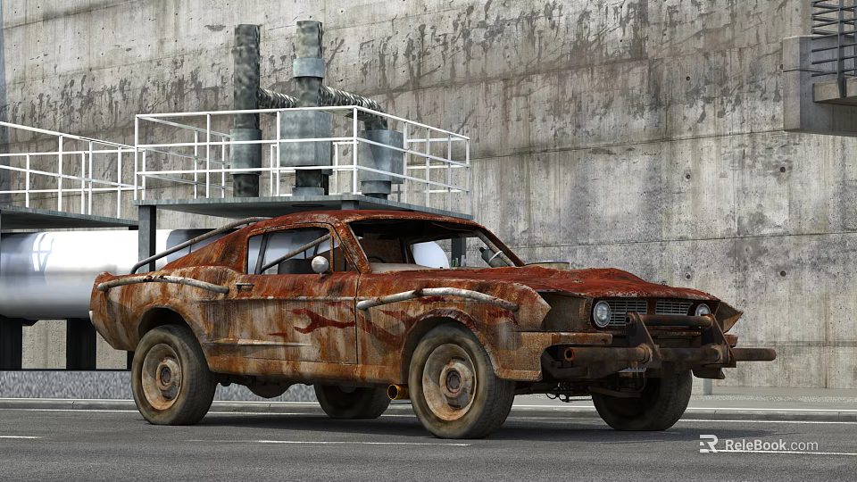Rusty Old Abandoned Car Parked By Concrete Wall With Metal Structure 3d model 