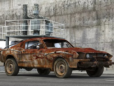 Rusty Old Abandoned Car Parked By Concrete Wall With Metal Structure 3d model