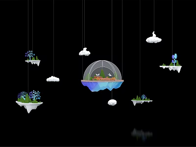 Hanging Decor With Floating Islands White Clouds And Dome Green Plants 3d model