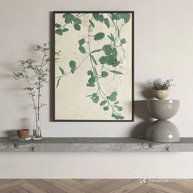 Plant Painting with Green Vines Leaves Light Background Vase with Slender Branches Two Tiered Grey Stone Ornament Small Pot 3d model 
