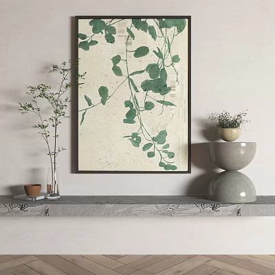 Plant Painting with Green Vines Leaves Light Background Vase with Slender Branches Two Tiered Grey Stone Ornament Small Pot 3d model