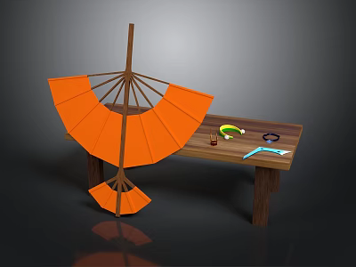Wooden Table With Orange Umbrella Structure And Green Cup Glasses Scissors Ruler 3d model