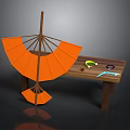 Wooden Table With Orange Umbrella Structure And Green Cup Glasses Scissors Ruler