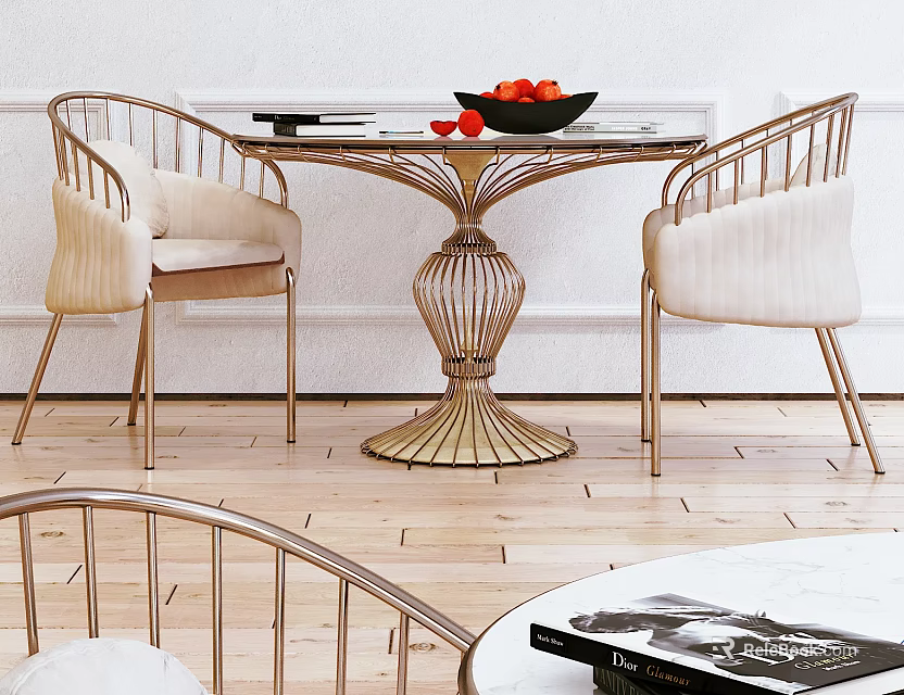 Stylish Table And Chair Set With Marble Top Golden Base And Beige Upholstered Seats 3d model 