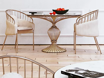 Stylish Table And Chair Set With Marble Top Golden Base And Beige Upholstered Seats 3d model