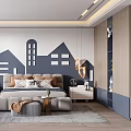 Modern Kids Room Interior Design With Bed City Wall Decor Lighting And Soft Rug