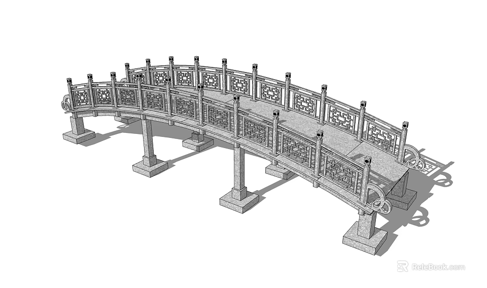 Decorative Arched Landscape Bridge With Carved Railing And Stone Pillars 3d model 