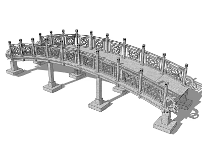 Decorative Arched Landscape Bridge With Carved Railing And Stone Pillars 3d model