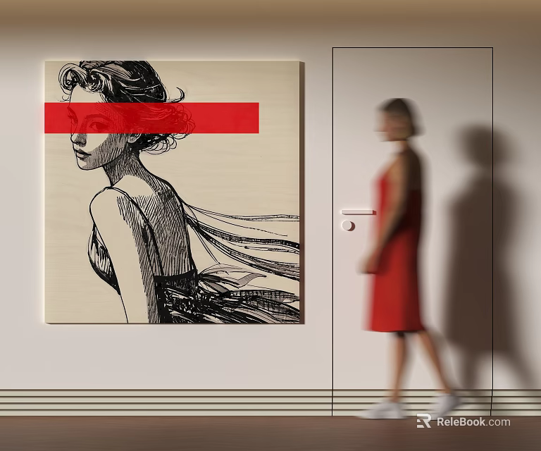 Portrait Painting Featuring Female With Red Strip Covering Eyes and Woman in Red Dress Nearby 3d model 