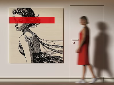 Portrait Painting Featuring Female With Red Strip Covering Eyes and Woman in Red Dress Nearby 3d model