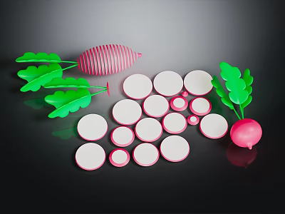 Fresh Red Radishes With Green Leaves And Sliced White Rounds On Black Surface 3d model
