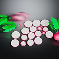 Fresh Red Radishes With Green Leaves And Sliced White Rounds On Black Surface