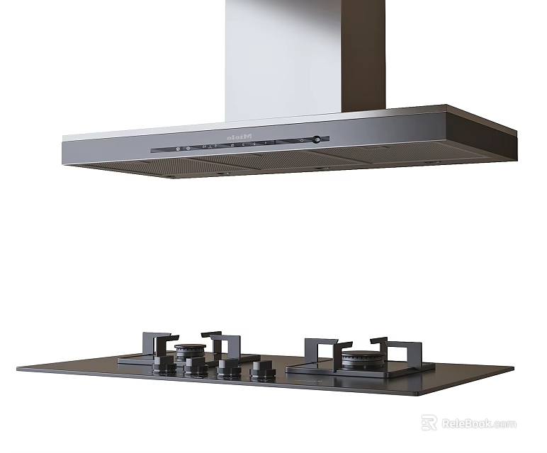 Modern Kitchen Range Hood And Gas Stove With Stainless Steel Design And Multiple Burners 3d model 